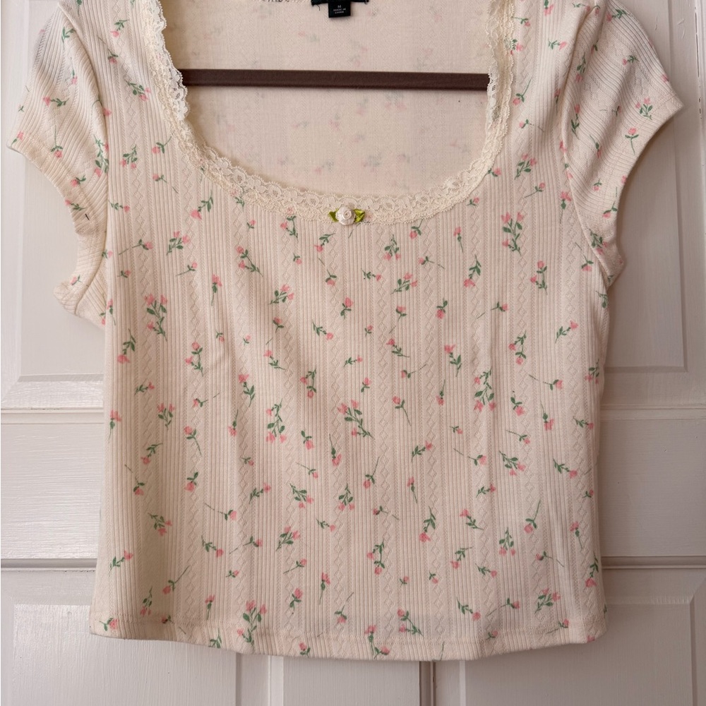 Floral Cream Top with Rosette
